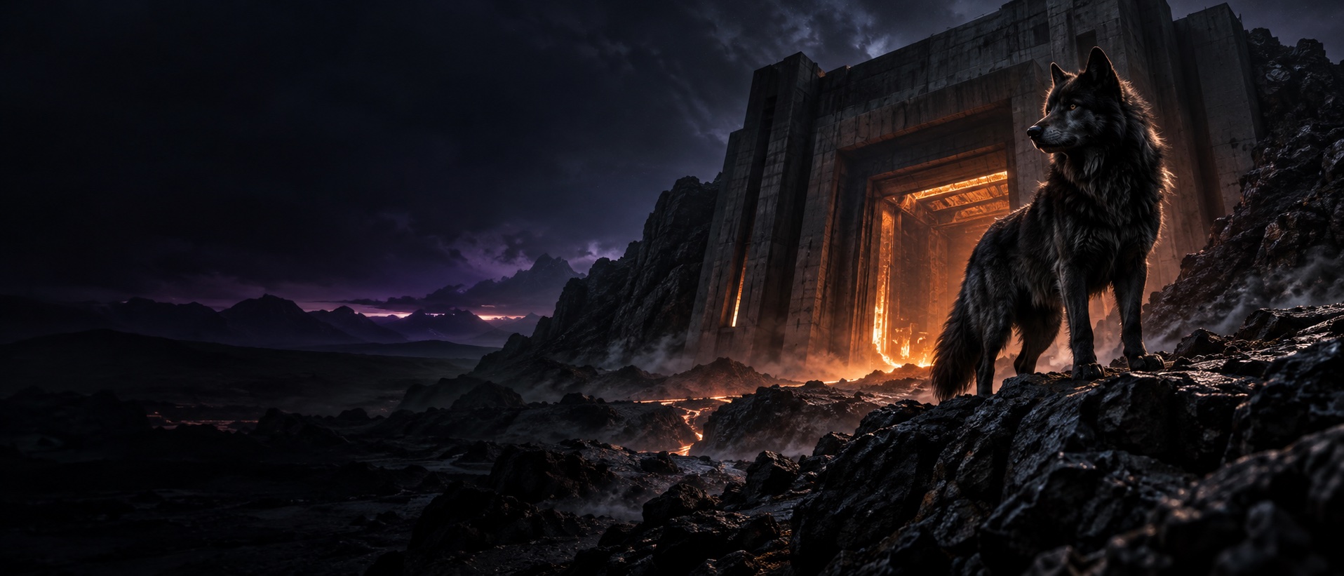 SWOLF, a black wolf, standing guard at a glowing bunker gate in a volcanic landscape
